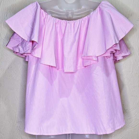 Pink Ruffle Micro Check Off The Shoulder Top Womens M - Picture 6 of 6
